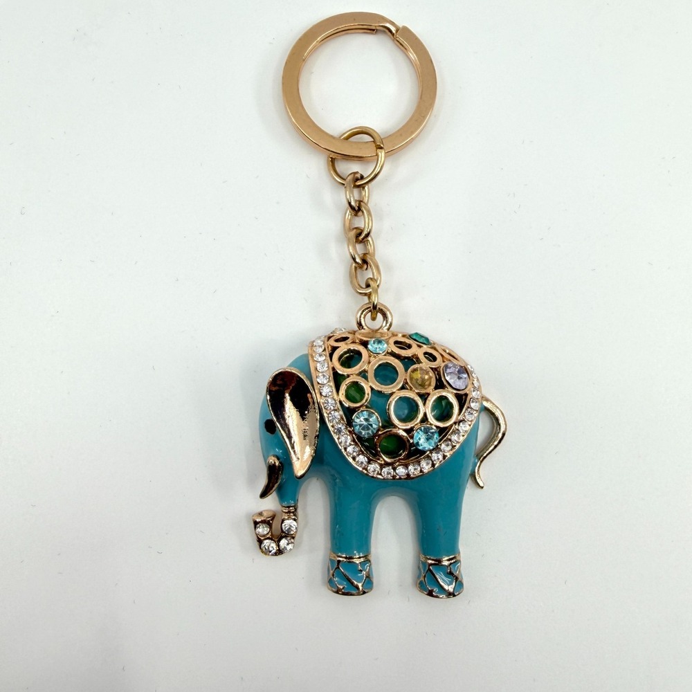 Vintage Teal Enamel Elephant Keychain with Gold Tone & Rhinestones